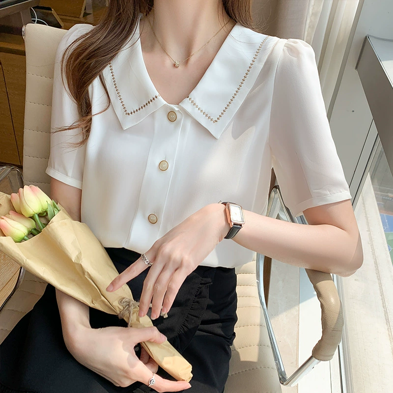 Кукла воротник шифоновая рубашка женская летняя одежда 2024 новый шикарный топ дизайн чувство нишевые дамы