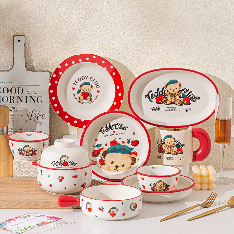 Creative Cartoon Cute Teddy Bear Household Ceramic Tableware suit Fish Plate Handle Bowl Rice Bowl Large Capacity Noodle Bowl Creative Cartoon Cute Teddy Bear Household Ceramic Tableware suit Fish Plate Handle Bowl Rice Bowl Large Capacity Noodle Bowl