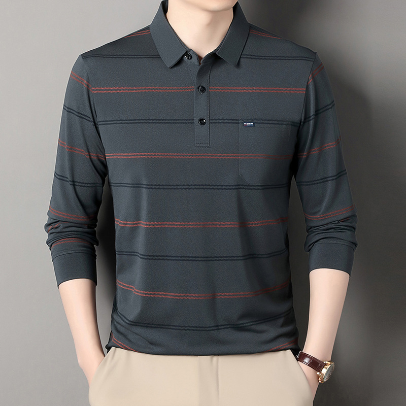2025 Spring and Autumn High-End Business Casual Middle-Aged Men's Polo Shirt with a Turn-Down Collar, Long Sleeves, Striped Versatile T-Shirt for Men