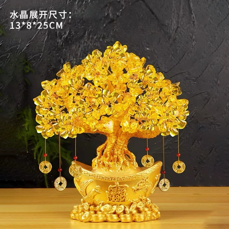 Crystal Money Tree Ornament, Citrine-Style Fortune Tree, Resin Base, 17 × 9 × 9 cm