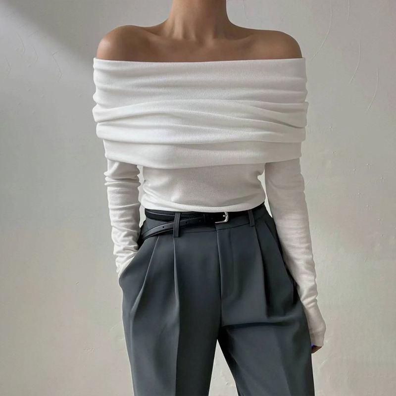 Cross-Border 2025 New European and American Style One-Shoulder Elegant Off-Shoulder Design Slimming Look Chest-Wrapped Knitted Sweater for Women