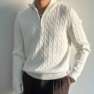 Half Zip Sweater Men's Autumn 2024 New Korean Style Niche All-match Coarse Twist Design Lapel Sweater Jacket