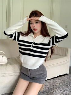 Contrast Color Striped Zipper Pullover Long-sleeved Knitwear Autumn Korean Style Elegant Slim All-match Sweater Wool Top Women