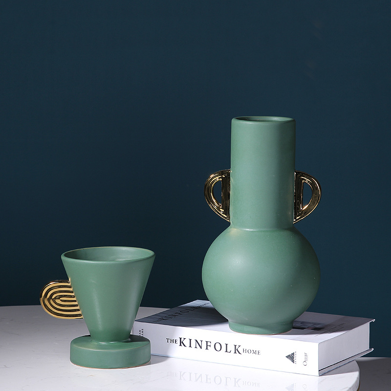 Luz moderna de lujo Esmeralda oro binaural cerámica florero hogar modelo habitación decoración suave pasillo Decoración