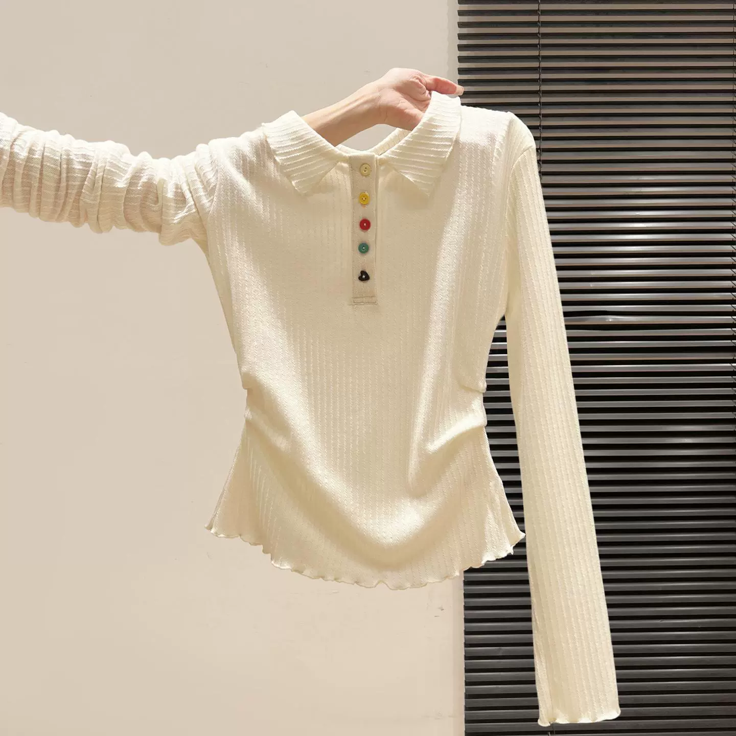 Lapel Long-Sleeve Pleated-Edge Plus-Size Shirt, Apricot, Pullover Top L–5XL