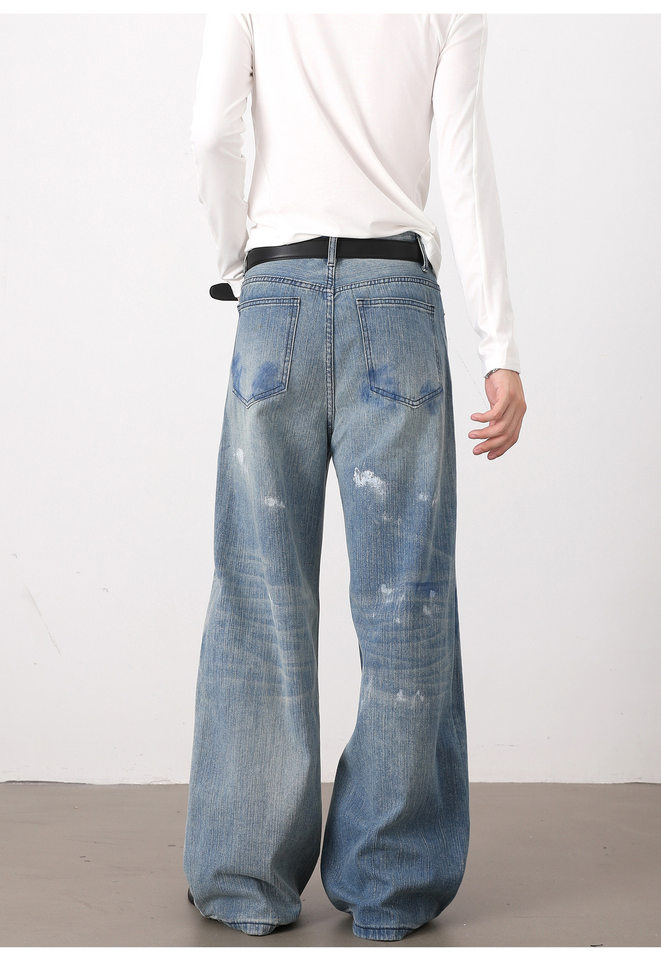Quần jeans nam ống rộng dáng thẳng phong cách Hàn Quốc, họa tiết vẽ tay độc đáo — Màu xanh dương chi tiết 11