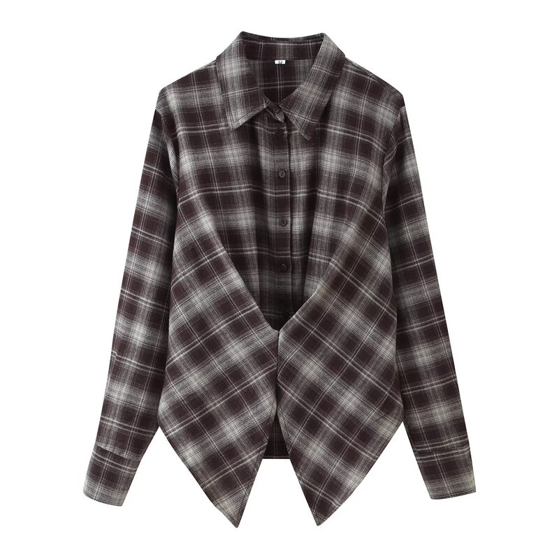 Pb&Za Women's 2025 Autum New Style, Novel and Trendyy Loose Lapel Waist Long-Sleeved Plaid Shirt