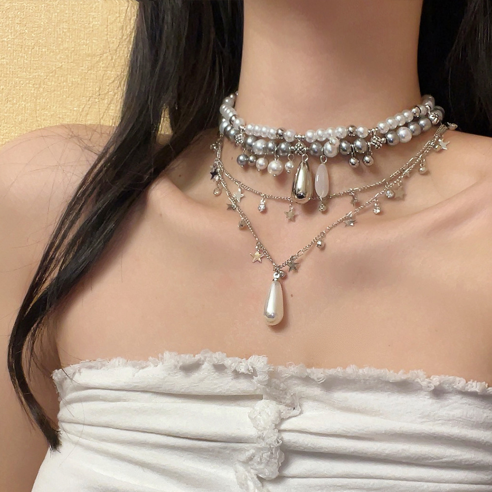 Alloy Chain Material Elegant Lady Modern Style Geometric Star Alloy Beaded Chain Cable Chain Lobster Trigger Clasp Closure Layered Necklaces Wholesale