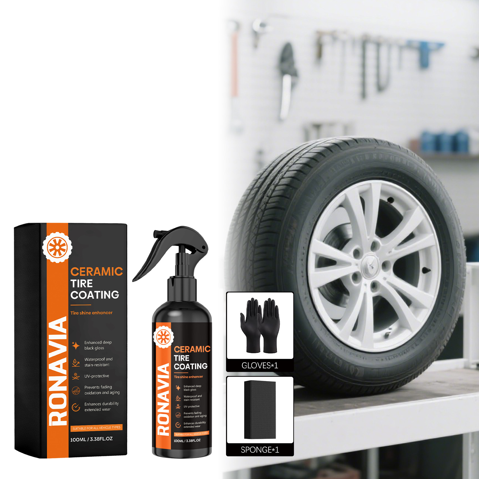 Ronavia Tire Brightening Care Agent Cleans Tire Surface Stains, Polishes, Renews, and Enhances Shine