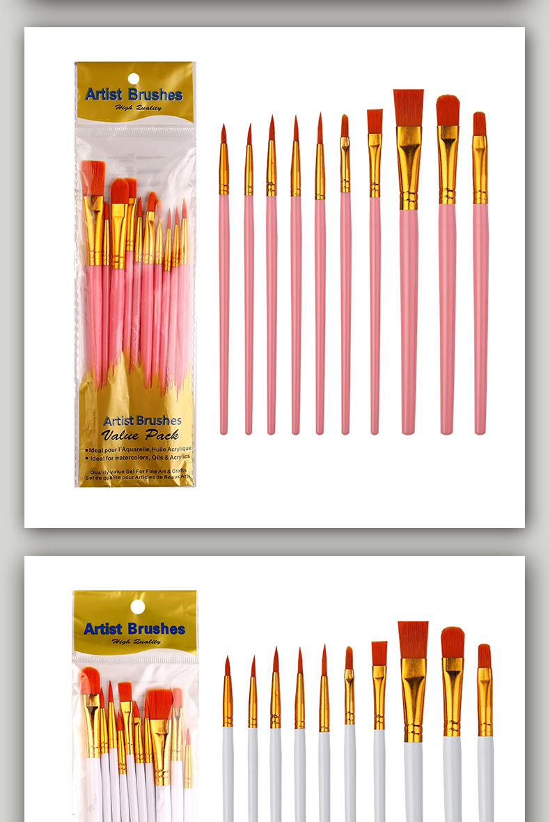 跨境10支塑料杆画笔刷套装珠光蓝彩色套装尼龙毛勾线笔水粉油画笔详情14