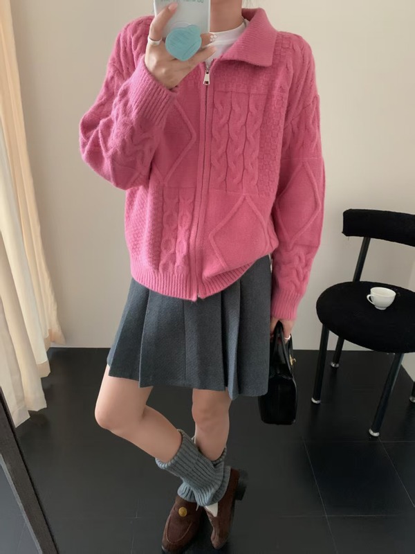 复古针织开衫女装秋冬新款跨境宽松慵懒风麻花翻领拉链毛衣外套女|undefined