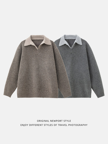 Old money style texture fake two-piece V-neck sweater men's autumn and winter new retro lapel polo sweater thermal coat