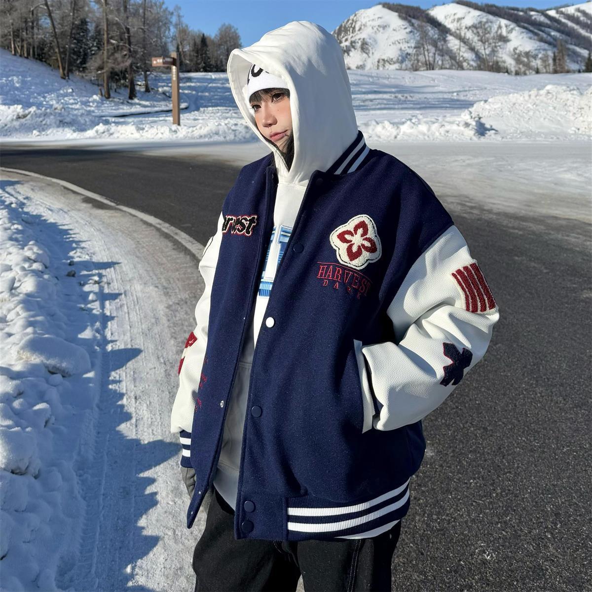 Trendy Printed Baseball Jacket – Unisex Japanese Streetwear Style For Casual & Couple Outfits (S-3XL, Navy Blue & Artistic Prints)_voghion.com