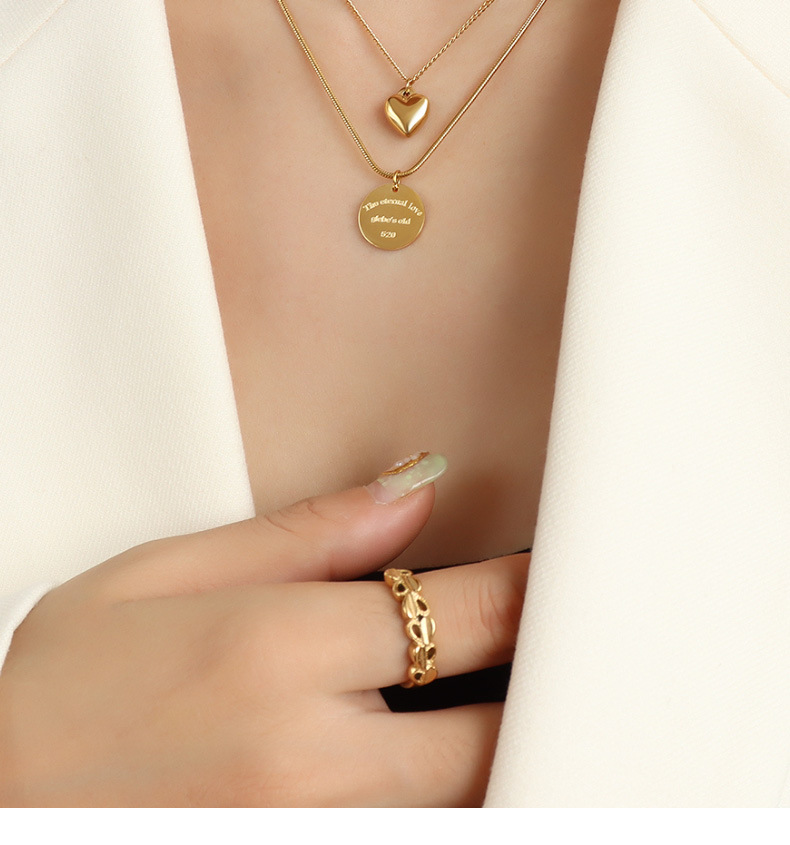 Collier double couche cœur disque en acier titane doré_voghion.com