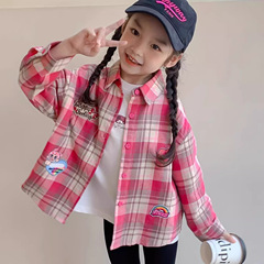 女童春秋卡通衬衣上衣中大童春秋新款拼色单排扣格子衬衫春装外套