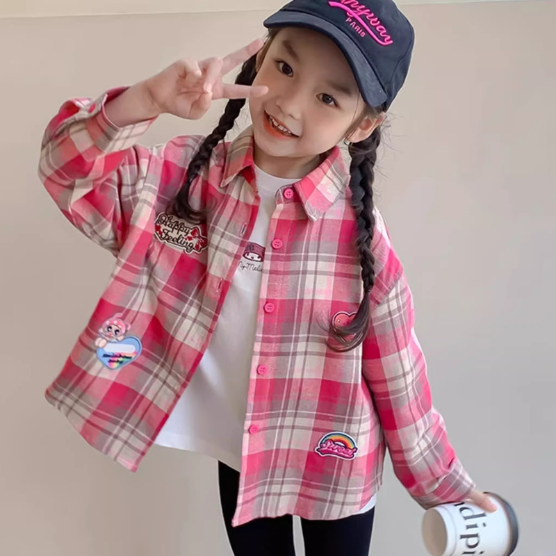 女童春秋卡通衬衣上衣中大童春秋新款拼色单排扣格子衬衫春装外套|undefined