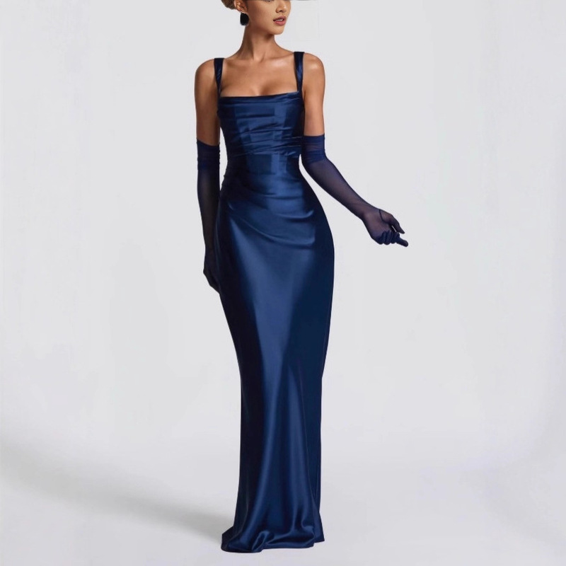 European and American New Style Pure Color Elegant Strap Waist Dress Sexy Square Neck Banquet Hip-Covering Evening Dress Fishtail Skirt