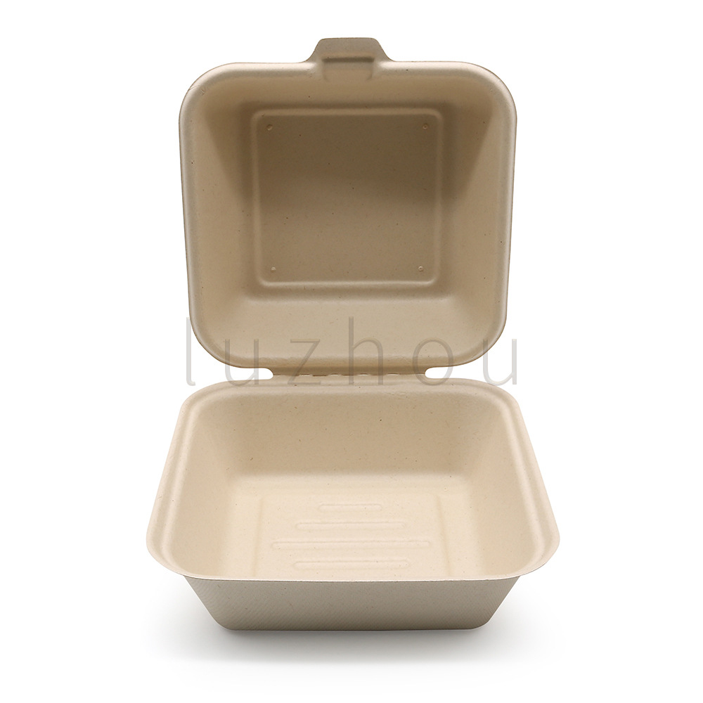 Pulpa de caña de azúcar Pulpa de bambú Caja de hamburguesa de 6 pulgadas Protección del medio ambiente Vajilla desechable Moldeo de pulpa compostable degradable