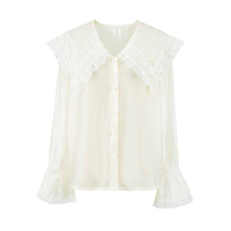 Lace doll-collar French-style long-sleeved shirt for women, featuring a retro, loose-fitting design with flared sleeves, a unique and stylish top for autumn Lace doll-collar French-style long-sleeved shirt for women, featuring a retro, loose-fitting design with flared sleeves, a unique and stylish top for autumn