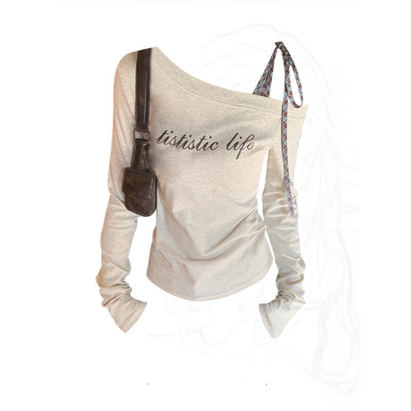 In-Stock Floral Gray Off-Shoulder Plaid Tie Inner T-Shirt for Women with Letter Print, New Slim Fit 25 Autumn Long-Sleeve Top In-Stock Floral Gray Off-Shoulder Plaid Tie Inner T-Shirt for Women with Letter Print, New Slim Fit 25 Autumn Long-Sleeve Top
