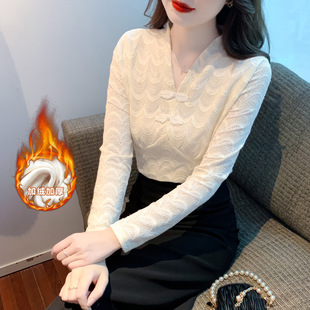 V-Neck Long-Sleeved Lace Base Shirt Women's Autumn 2024 New Autumn Stylisics Beautiful Chic Top Small Shirt