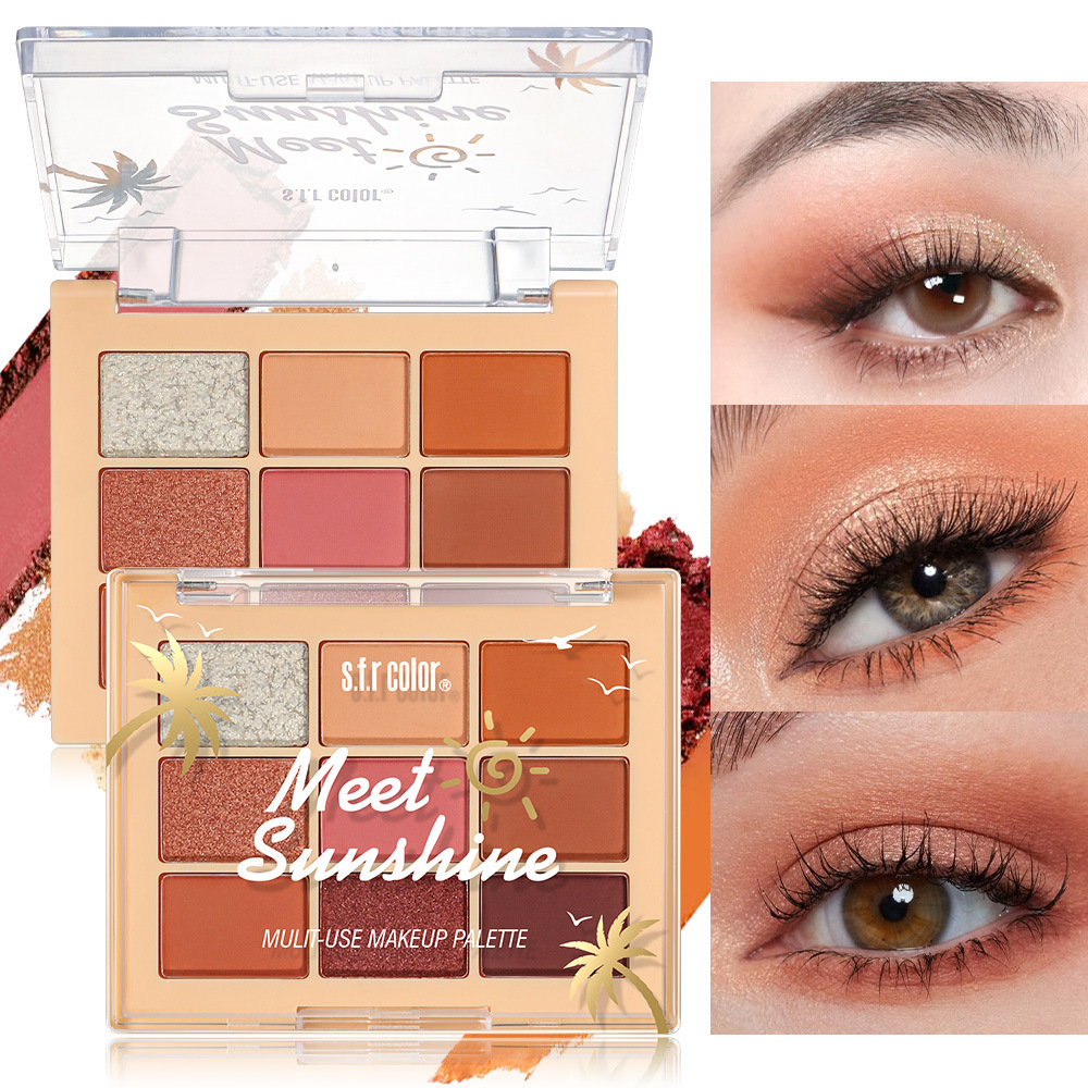 Paleta de sombras de ojos s.f.r en tonos tierra, acabado mate, naranja, marrón, perlado, brillante, chocolate, paleta de nueve colores para mujer, ligera y portátil.
