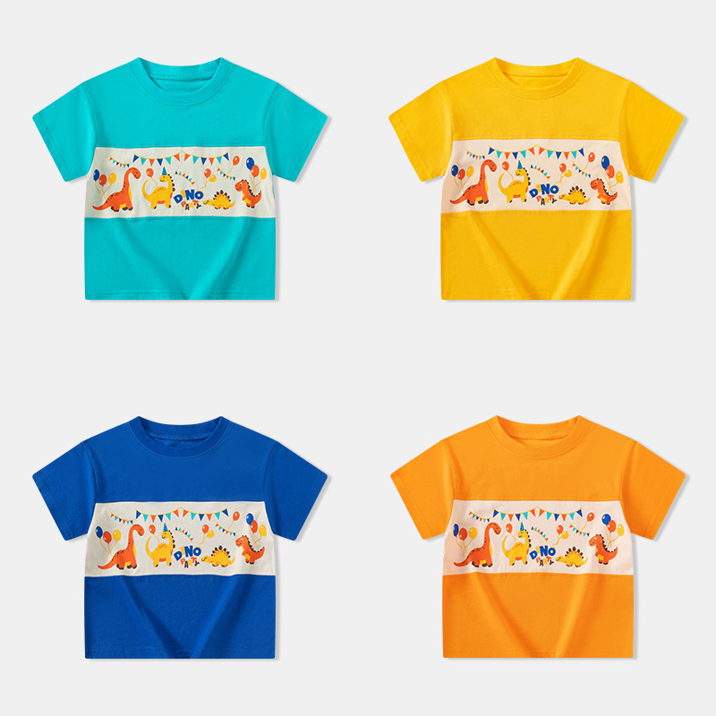Be top ropa para niños transfronterizos camiseta de verano para niños fiesta de dinosaurios camiseta de bebé a juego de color manga corta cuello redondo top de punto