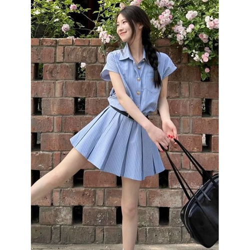 Korean college style blouse dress for women, summer, beautiful striped short-sleeved pleated skirt short dress