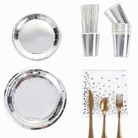 银色烫金派对餐具用品生日节日聚会派对烫银纸盘纸杯节日装饰工厂