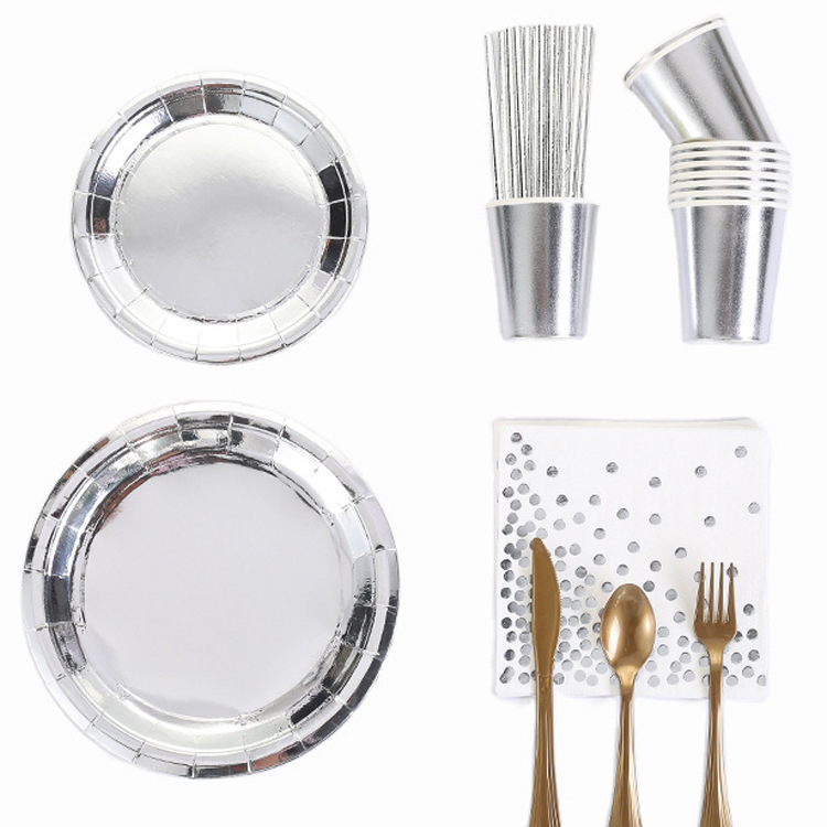 Silver Party Tableware Supplies for Birthdays and Holidays, Hot-Selling Silver Foil Paper Plates and Cups for Decoration, Factory Cross-Border Hot-Selling Snacks