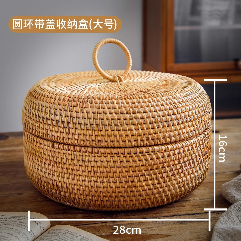 Cesta de almacenamiento de caña tejida de caña cubierta caja de almacenamiento de escritorio caja de pastel de té mesa de té bocadillos de frutas pan al vapor retrógrado sopa
