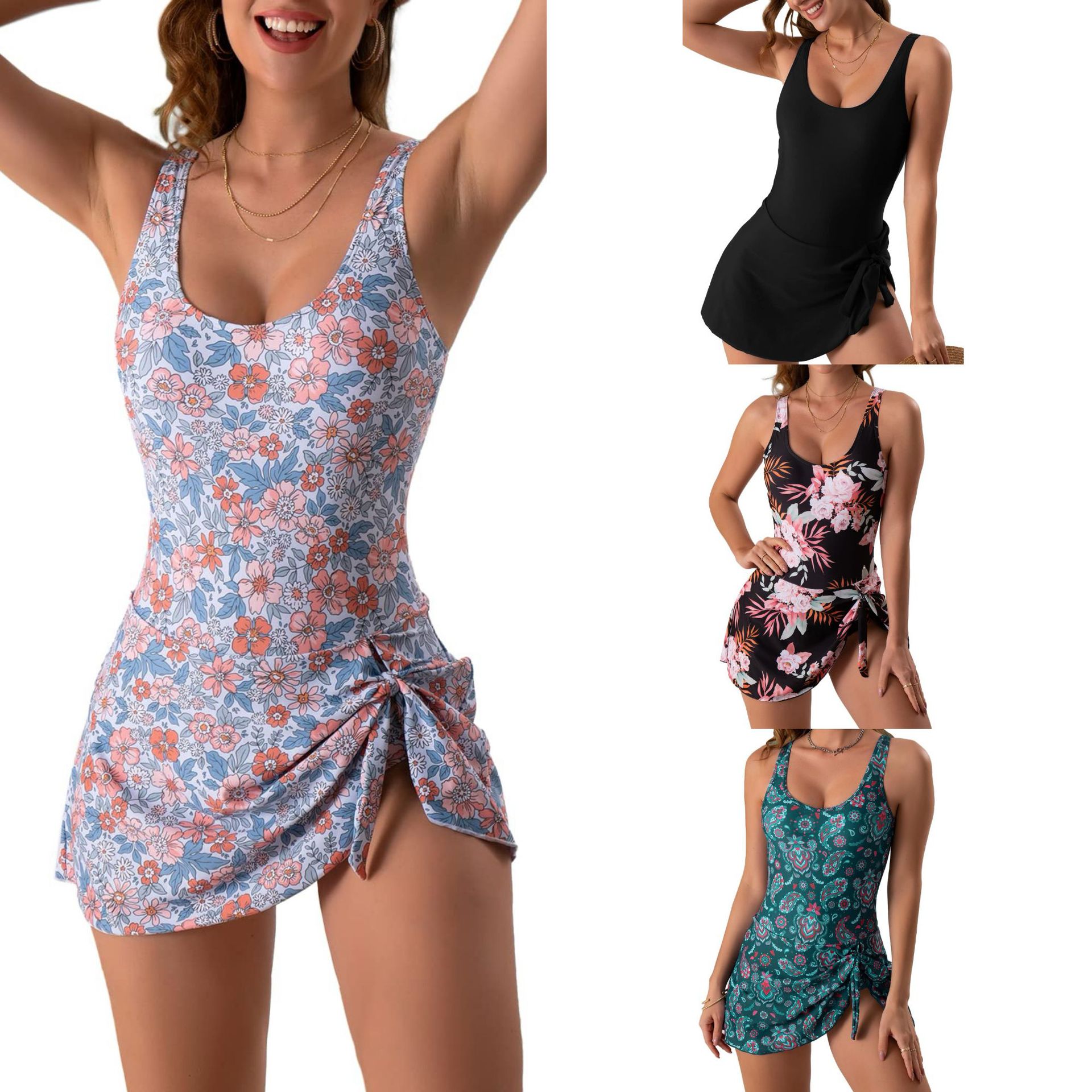 European and American New Cross-Border Amazon Foreign Trade One-Piece Swimsuit with Printed Fashion Drawstring Strap Dress-Style Swimwear for Women