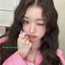 韩国张元英同款明星同款网红小兔子珍珠戒指可爱首饰超甜多巴胺