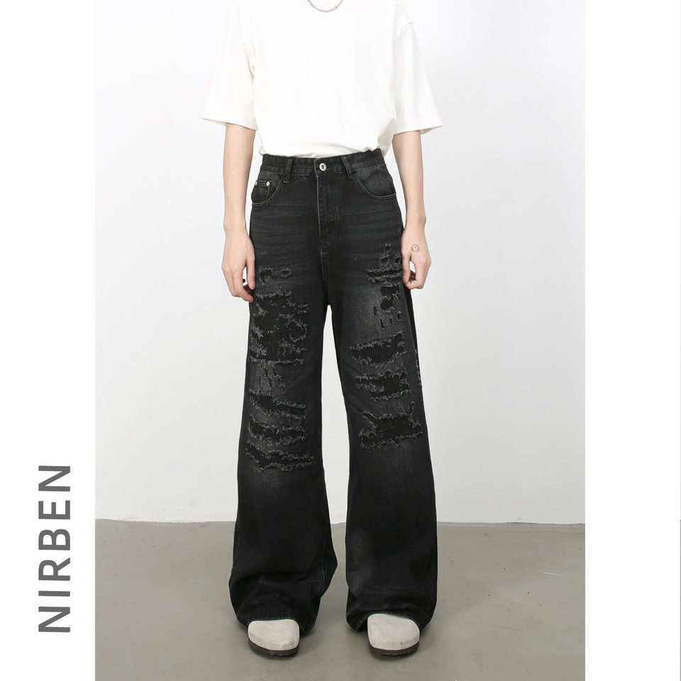 Quần jean nam ống rộng denim rách giặt cũ phong cách đường phố — Màu xanh lam, Đen xám