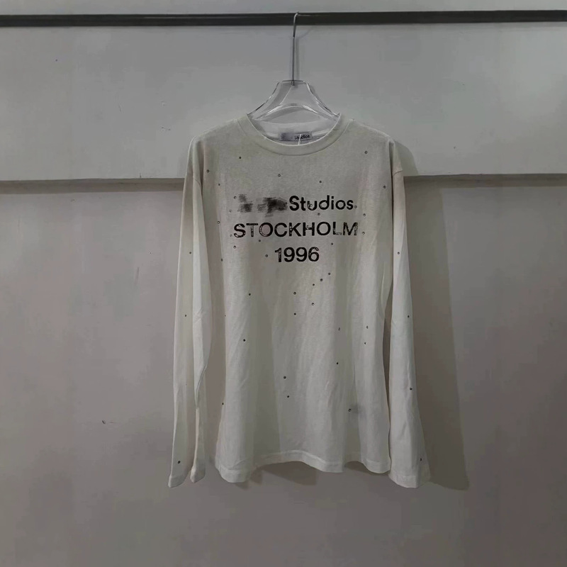 Letters Are Correct! Top-Quality Ac Brand Vintage-Style Rhinestone-Printed Letters, Relaxed Fit, Versatile Long-Sleeve T-Shirt for Women