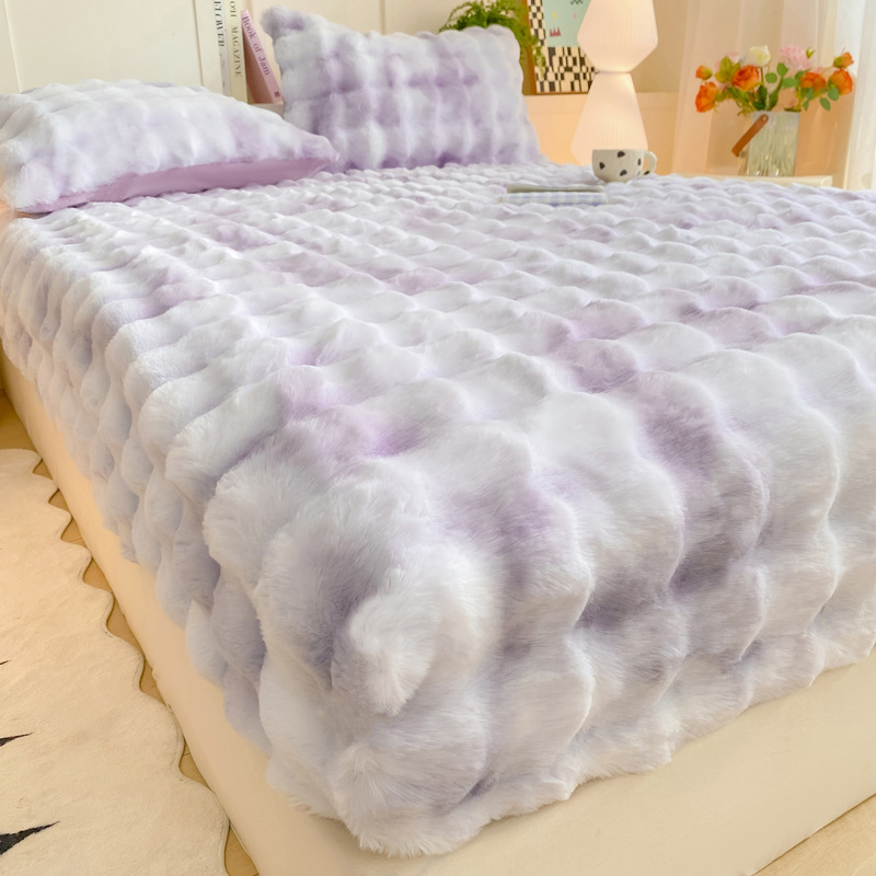 Class a Winter Bubble Rabbit Plush Gradient Fitted Sheet Thickeneded Warm Fully Surrounded Anti-Slip Mattress Single Piece Bed Cover Wholesale