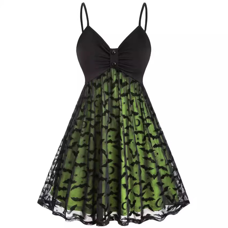 Women Plus Size Gothic Dress Sexy Neon Bat Belt Dress Halloween Party Dress