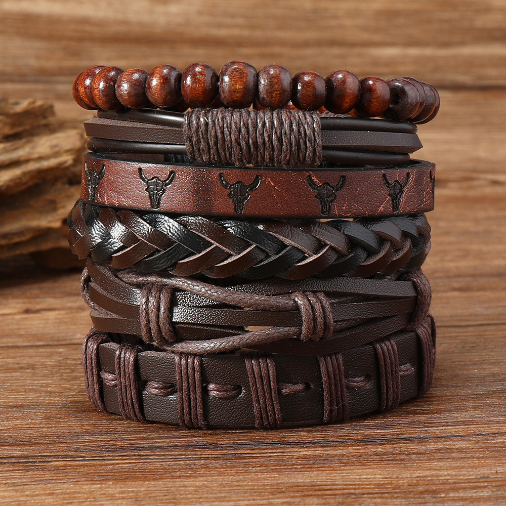 Cross-Border European and American Hot-Selling Retro Style Bull Head Pattern Multi-Layer Leather Hand-Woven DIY 6-Piece Men's Leather Bracelet