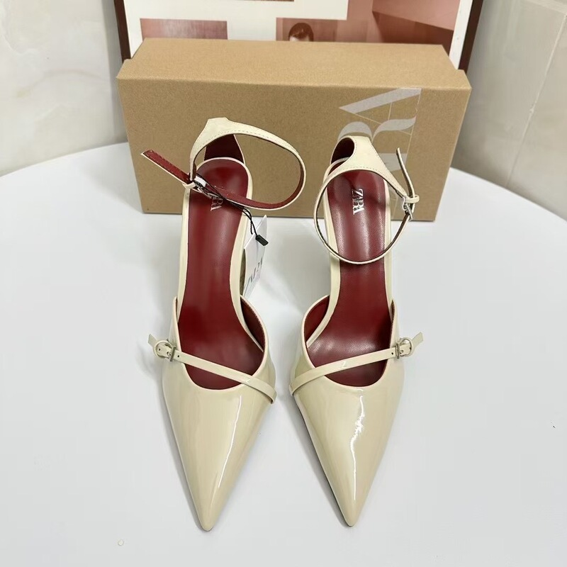Za's 2026 Fashion New Pointed-Toe Women's Shoes, Classic White Patent Leather Shallow-Cut Stiletto Heel Back-Strap Women's High-Heeled Sandals
