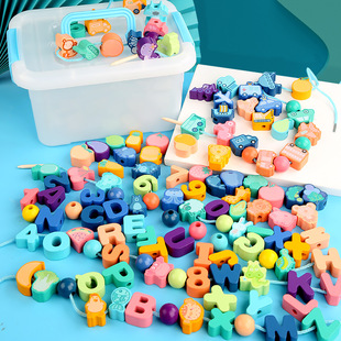 Boxed Beaded Boys and Girls Fruit Animal Cognitive Baby Fine Movement Training Wooden Beads Children's Wooden Toys