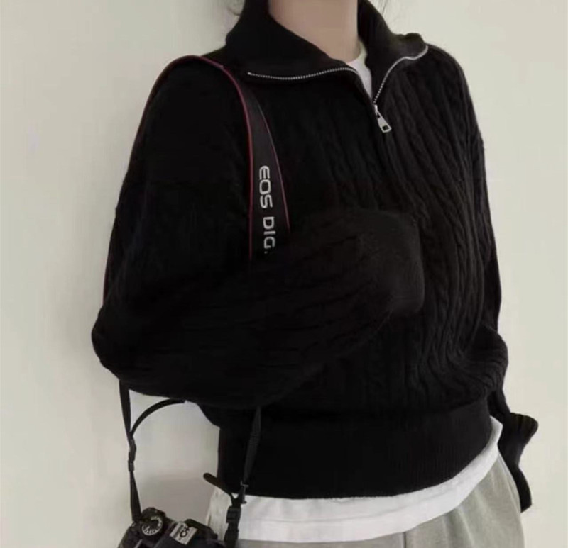 翻领设计感麻花拉链针织衫秋冬女装长袖纯色气质宽松上衣女套头|undefined