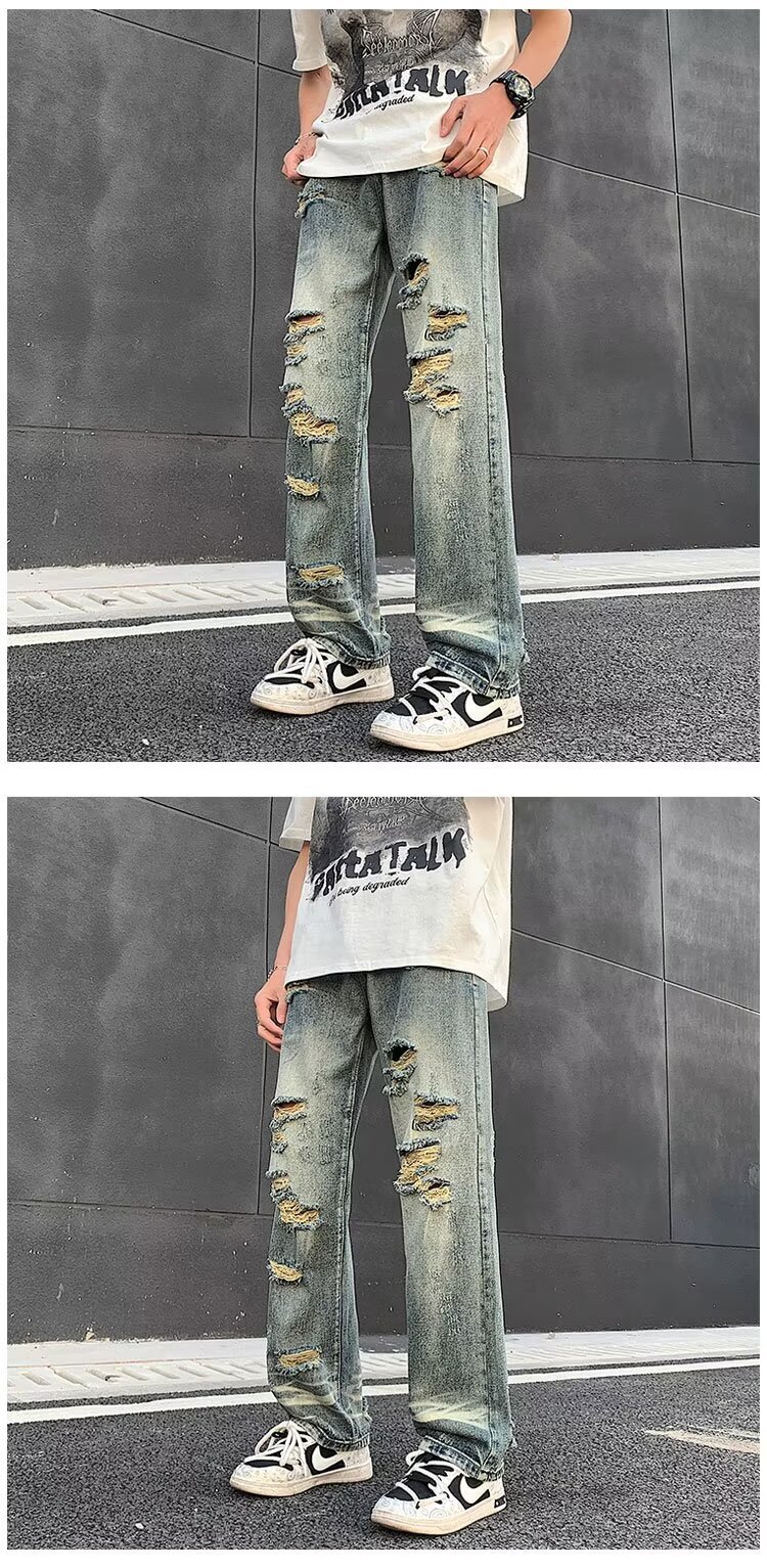 boy Ripped Jeans For Men, Trendy Brand, European And American Street Style Pants, Vintage High Street, Distressed Washed_viptrois.com