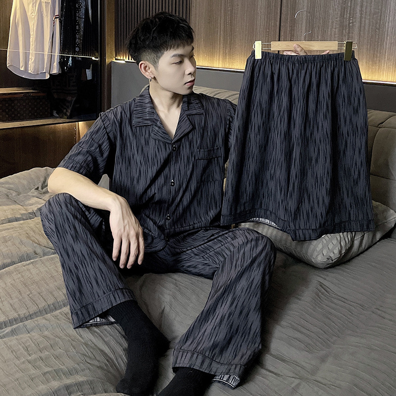 Men's Summer Thin Ice Silk Short-Sleeve Long Pants Three-Piece Pajama Set 2026 New Large Size Men's Loungewear with a High-End Feel Men's Summer Thin Ice Silk Short-Sleeve Long Pants Three-Piece Pajama Set 2026 New Large Size Men's Loungewear with a High-End Feel