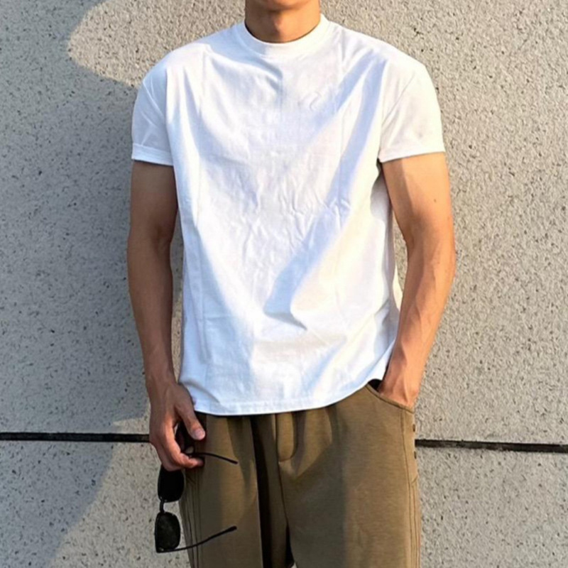 White American-Style Small-Neckline Straight-Shoulder T-Shirt for Men, Summer Cool Heavyweight Short-Sleeve Shirt That Highlights Muscles, Suitable for Sports and Fitness, Three-Quarter Sleeves