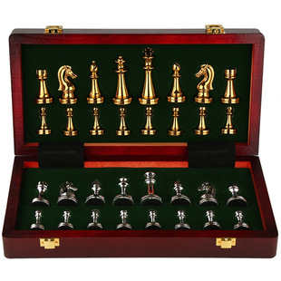 Chess High-End Gift Box Metal Chess Pieces Wooden Chess Board Chess Retro European Style Ornaments Chess