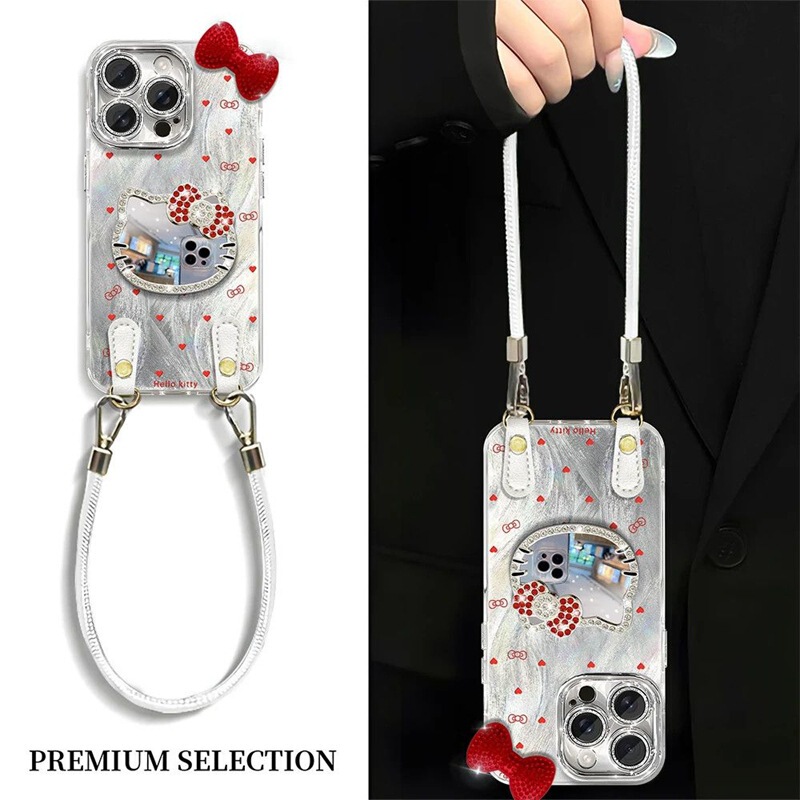 Luxurious and Suitable for Apple 17 Mobile Phone Case, New Feather Yarn 16 Cute Cat Mirror Reno14 Protective Cover with Lanyard