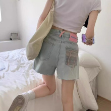 撞色刺绣流苏牛仔短裤女夏季设计感毛边a字阔腿高腰显瘦辣妹热裤