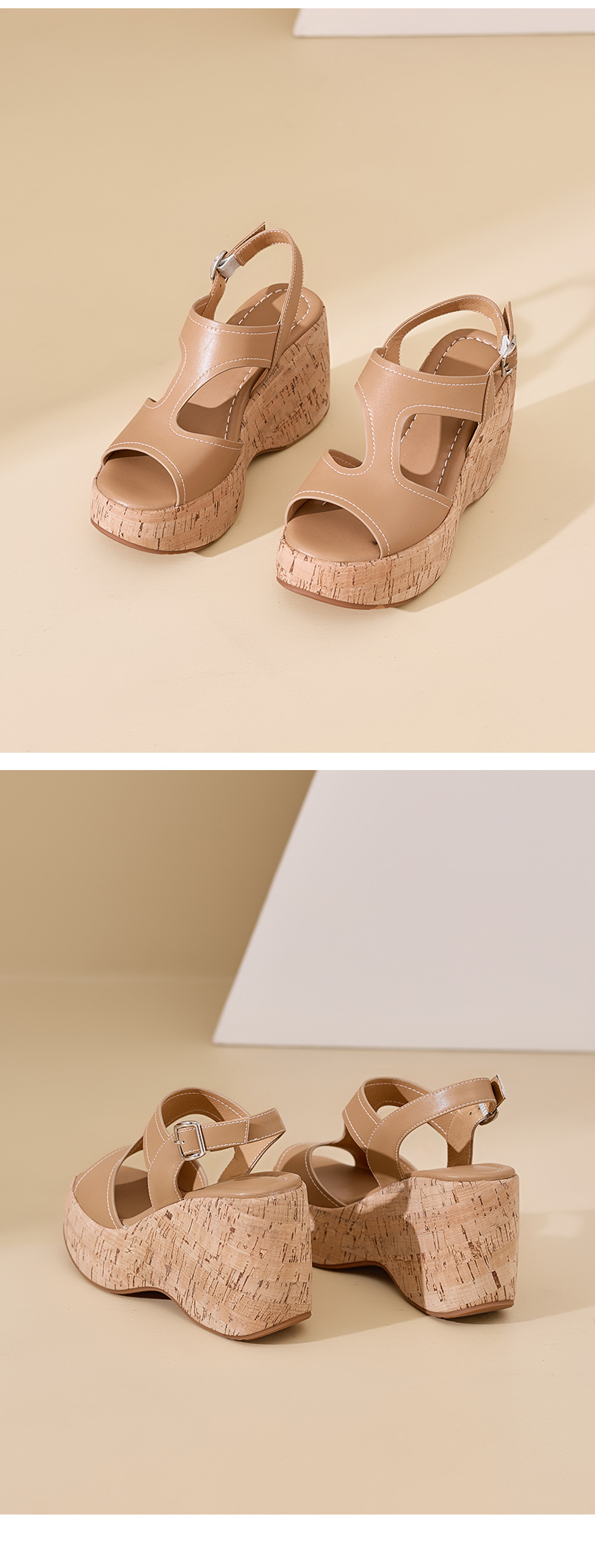 Sandal cao gót nữ đế platform hở mũi da thật gót 10 cm phong cách La Mã — màu đen, màu nâu nhạt chi tiết 13