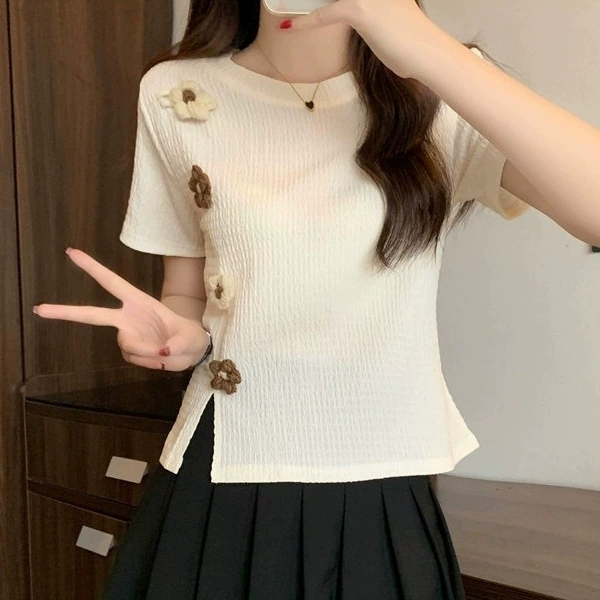 Женский свитер с короткими рукавами и цветочным принтом, новый летний тонкий дизайн, нишевый топ с короткими разрезами для женщин