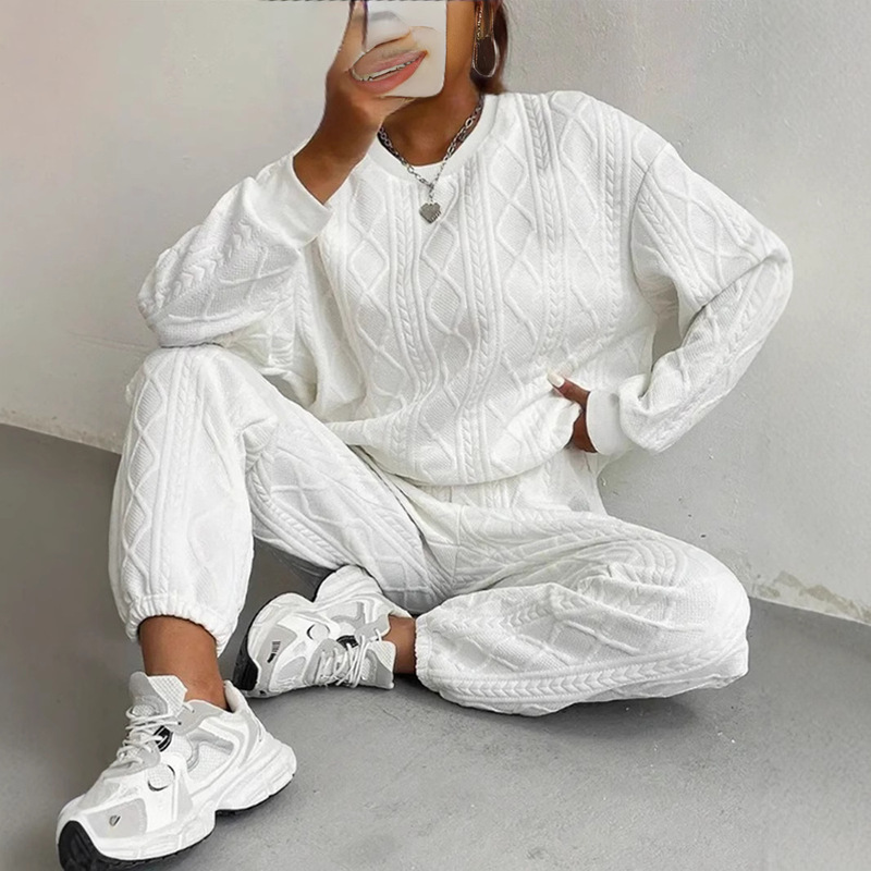 In-Stock 2026 Autumn and Winter European and American Foreign Trade Women's Fashion Trendy Ribbed Jacquard Long Pants Casual Two-Piece Set In-Stock 2026 Autumn and Winter European and American Foreign Trade Women's Fashion Trendy Ribbed Jacquard Long Pants Casual Two-Piece Set